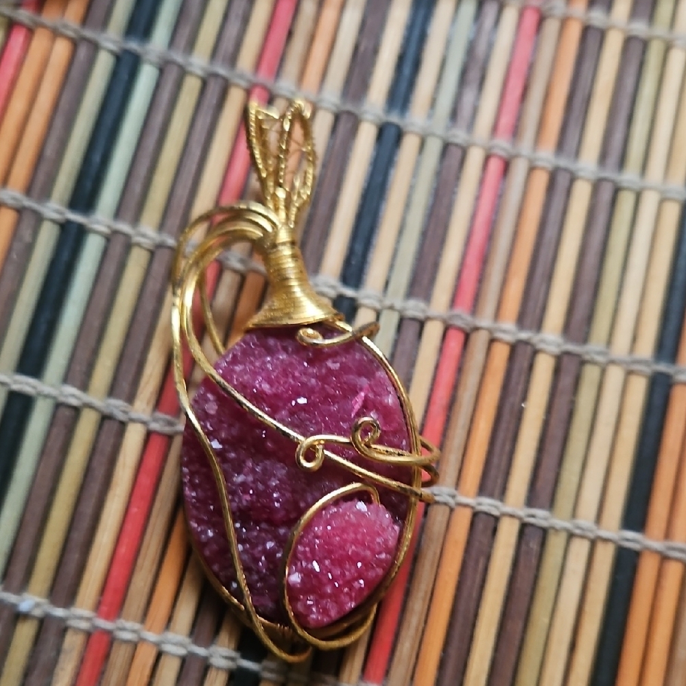 Gold and Pink Real Stone Wire Wrapped Pendant
